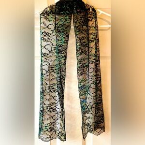 Metallic Copper Green Yellow Floral Black Mesh Lace Sheer Rectangular Scarf 56”